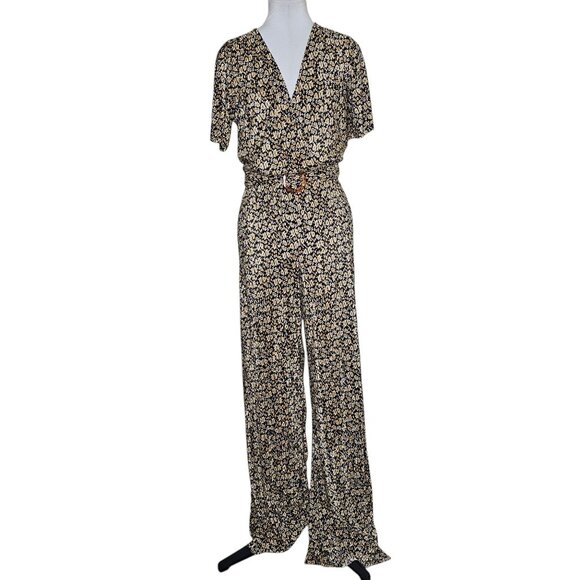 Zara M Black Floral Micro Pleat V Neck Jumpsuit Boho Wedding Special Occasion - Picture 1 of 7